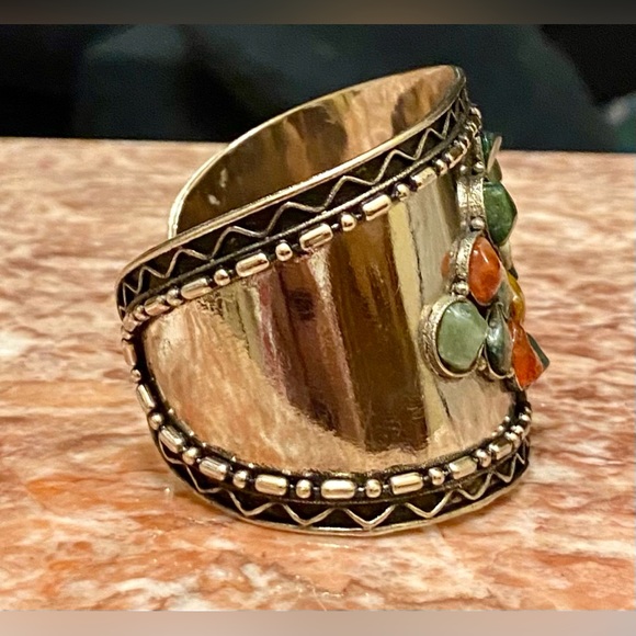 VINTAGE BOHEMIAN Silver Wide Cuff Bracelet; Adorned  with Natural Stones. EUC. - Picture 2 of 5